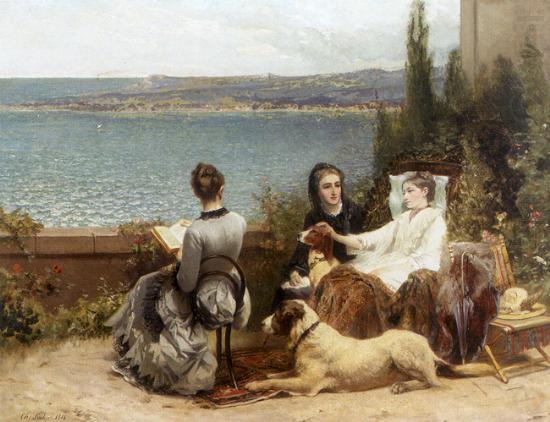 Les dames de lete avec leur chien, unknow artist